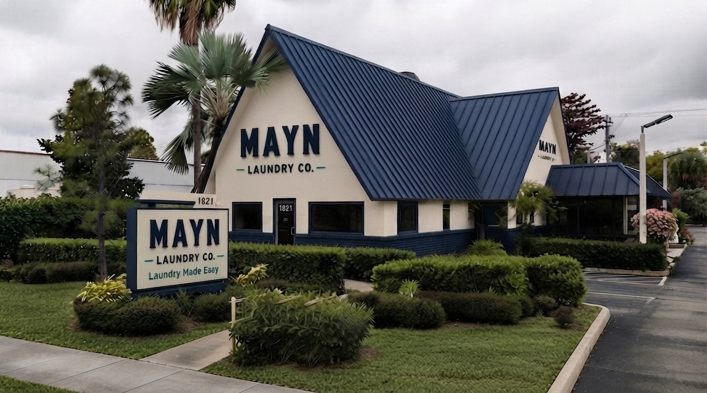 Concept rendering of the future MAYN Laundry Co. storefront at 1821 N State Road 7 in Margate, with cream walls, a navy roof and MAYN exterior signage.