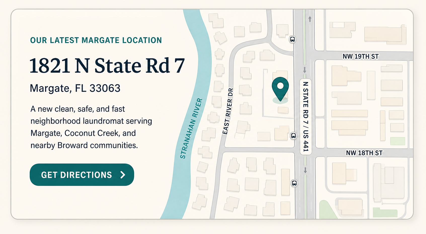 Map card for MAYN Laundry Co. at 1821 N State Rd 7 / US 441 in Margate, Florida